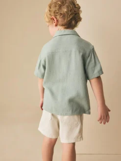 New Next Short Sleeves Linen Blend Revere Collar Shirt (3mths-7yrs) Sage Green