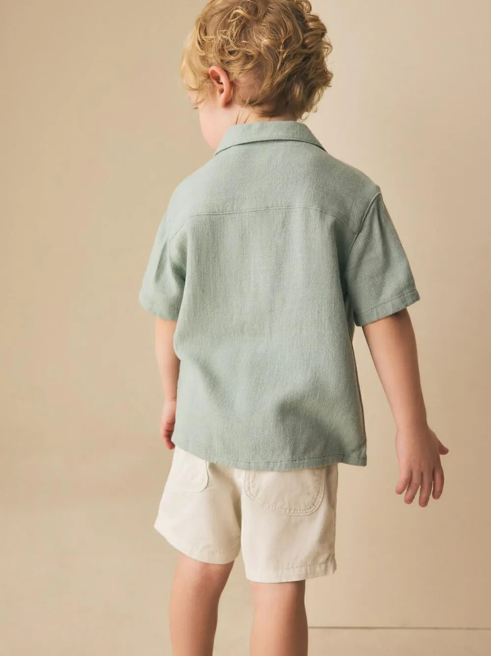 New Next Short Sleeves Linen Blend Revere Collar Shirt (3mths-7yrs) Sage Green