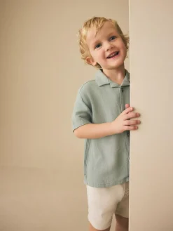 New Next Short Sleeves Linen Blend Revere Collar Shirt (3mths-7yrs) Sage Green