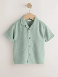 New Next Short Sleeves Linen Blend Revere Collar Shirt (3mths-7yrs) Sage Green