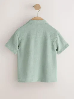 New Next Short Sleeves Linen Blend Revere Collar Shirt (3mths-7yrs) Sage Green