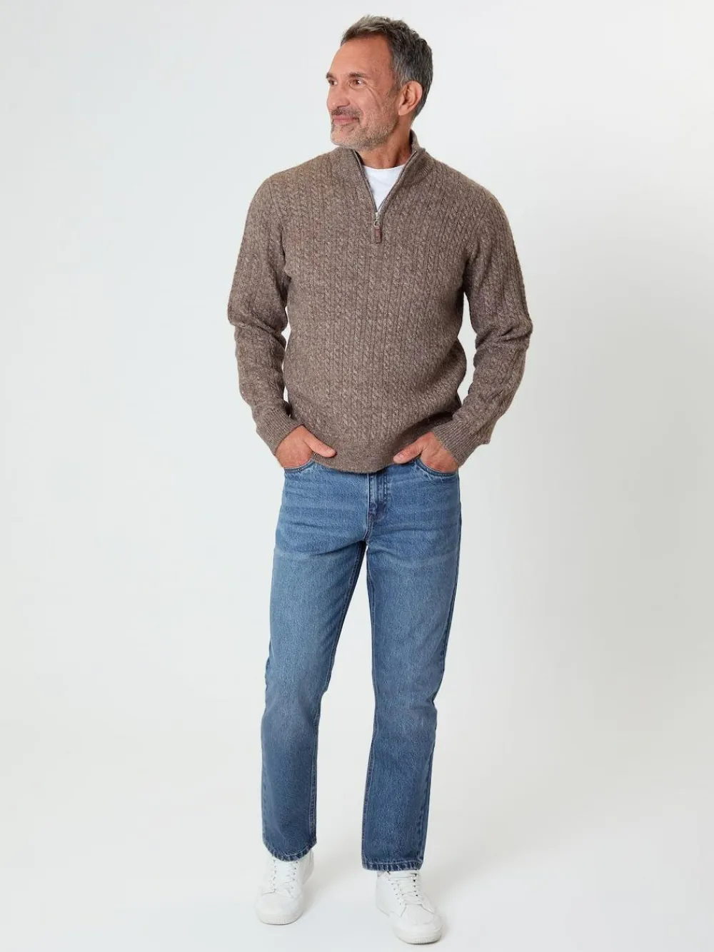 Sale Saltwell Cable Knit Quarter Zip Jumper Brown