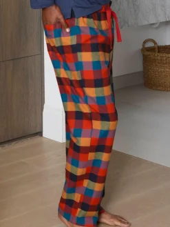 Outlet Savile Row Company Blue Checked Cotton Pyjama Bottoms & Long Sleeve T-Shirt Pyjama Set