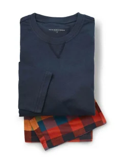 Outlet Savile Row Company Blue Checked Cotton Pyjama Bottoms & Long Sleeve T-Shirt Pyjama Set