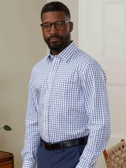 New Savile Row Company Blue Classic Fit Check Non-Iron Single Cuff Formal Shirt