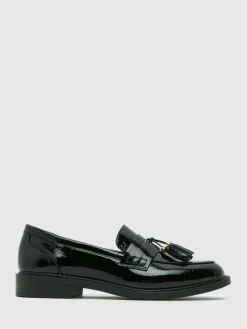 Schuh Black Wide Fit Layne Patent Tassel Loafers^Women Flats