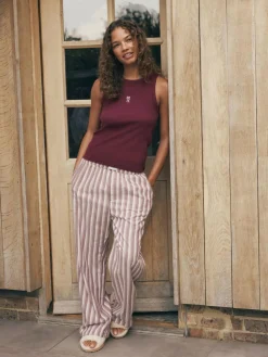 self. Burgundy Red Stripe Ribbed Vest Top and Long Leg Pyjamas Set^Women Pyjamas|All Night & Lounge
