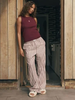 self. Burgundy Red Stripe Ribbed Vest Top and Long Leg Pyjamas Set^Women Pyjamas|All Night & Lounge