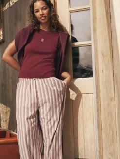 self. Burgundy Red Stripe Ribbed Vest Top and Long Leg Pyjamas Set^Women Pyjamas|All Night & Lounge