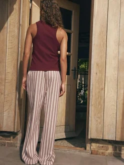 self. Burgundy Red Stripe Ribbed Vest Top and Long Leg Pyjamas Set^Women Pyjamas|All Night & Lounge