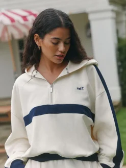 self. Ecru/Navy Half Zip Fleece Top^Women Loungewear|Hoodies & Sweatshirts