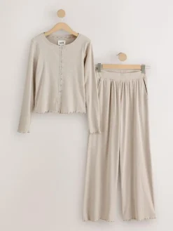 Discount self. Ribbed Button Through Pyjamas Oatmeal