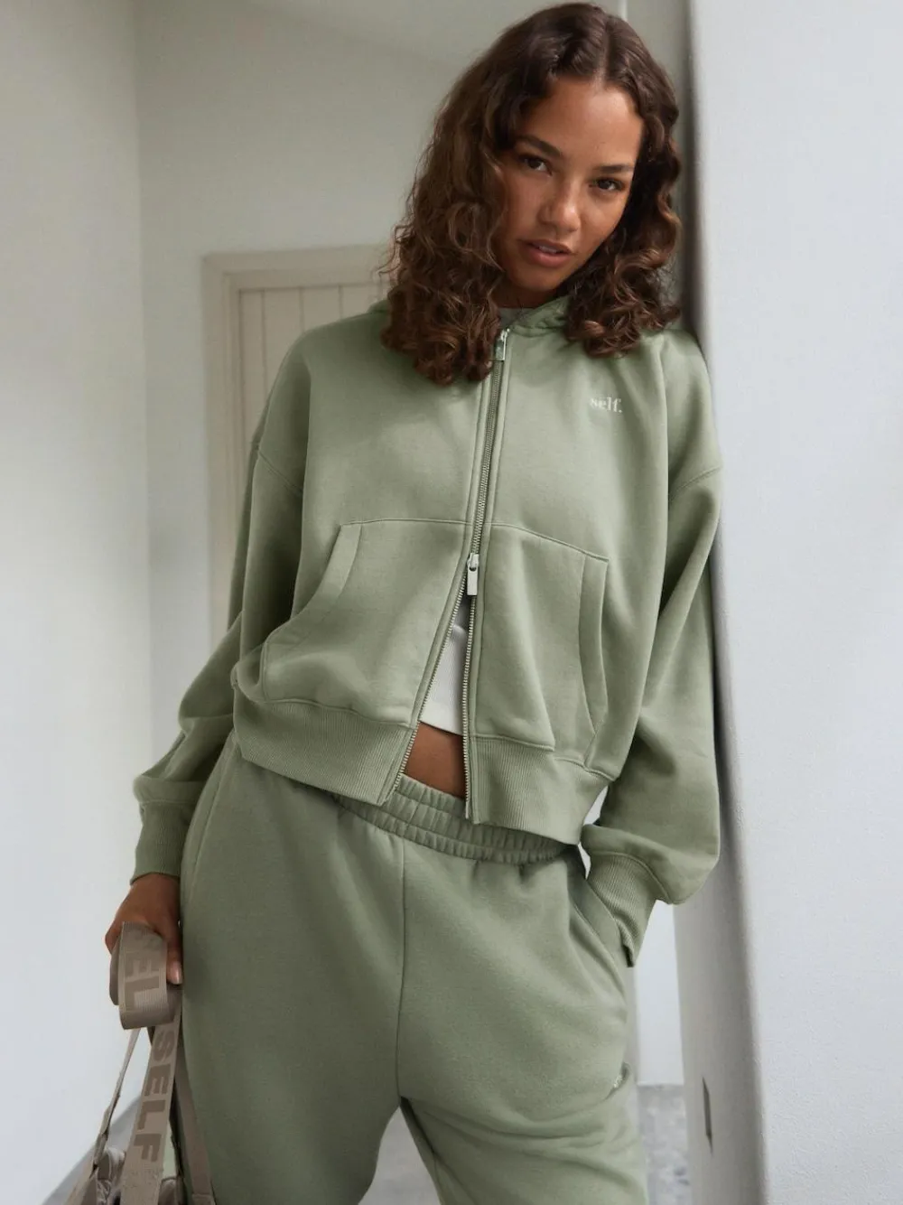 Online self. Hooded Zip Through Jacket Sage Green