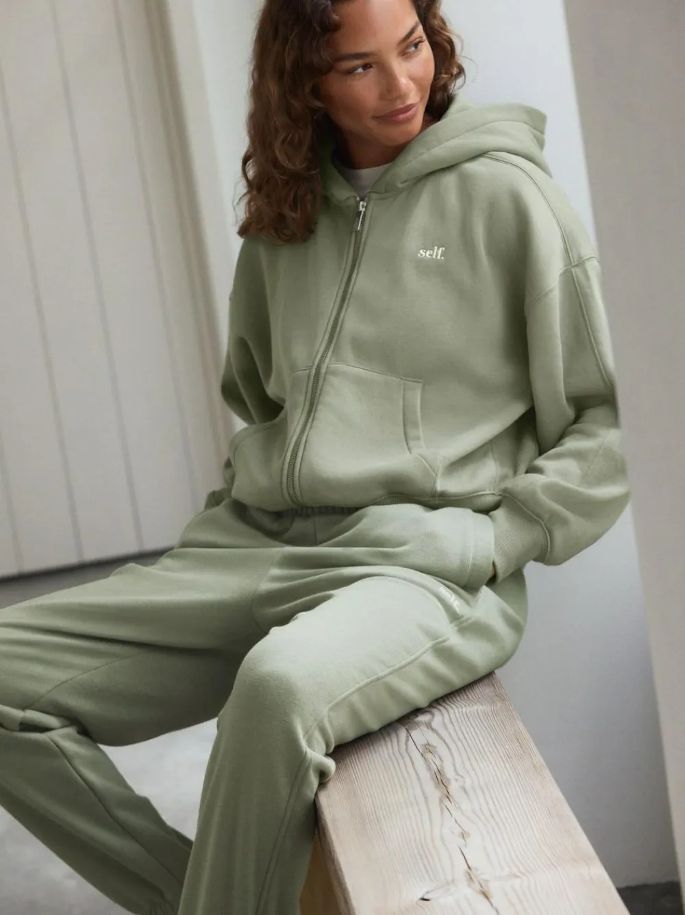 Online self. Hooded Zip Through Jacket Sage Green