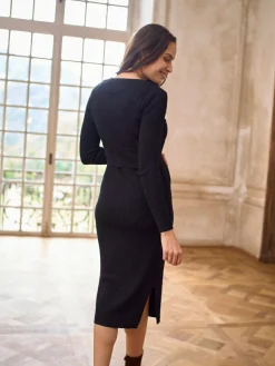 New Seraphine Black Crew Neck Layered Knit Maternity Dress