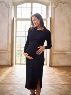 New Seraphine Black Crew Neck Layered Knit Maternity Dress
