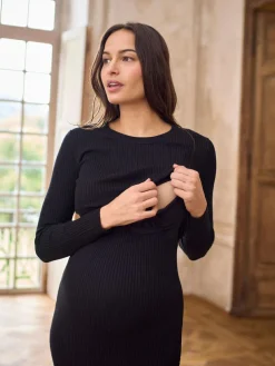 New Seraphine Black Crew Neck Layered Knit Maternity Dress
