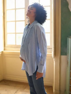 Seraphine Blue & White Stripe Maternity Pintuck Shirt^Women Blouses & Shirts