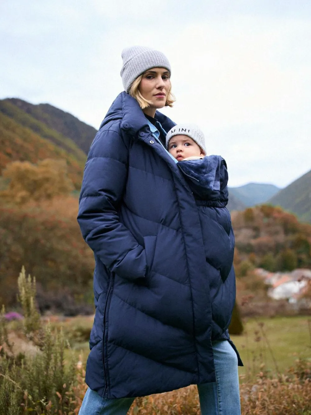 New Seraphine Long Chevron 3 in 1 Maternity & Babywearing Down-filled Coat Blue