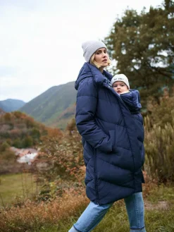 New Seraphine Long Chevron 3 in 1 Maternity & Babywearing Down-filled Coat Blue