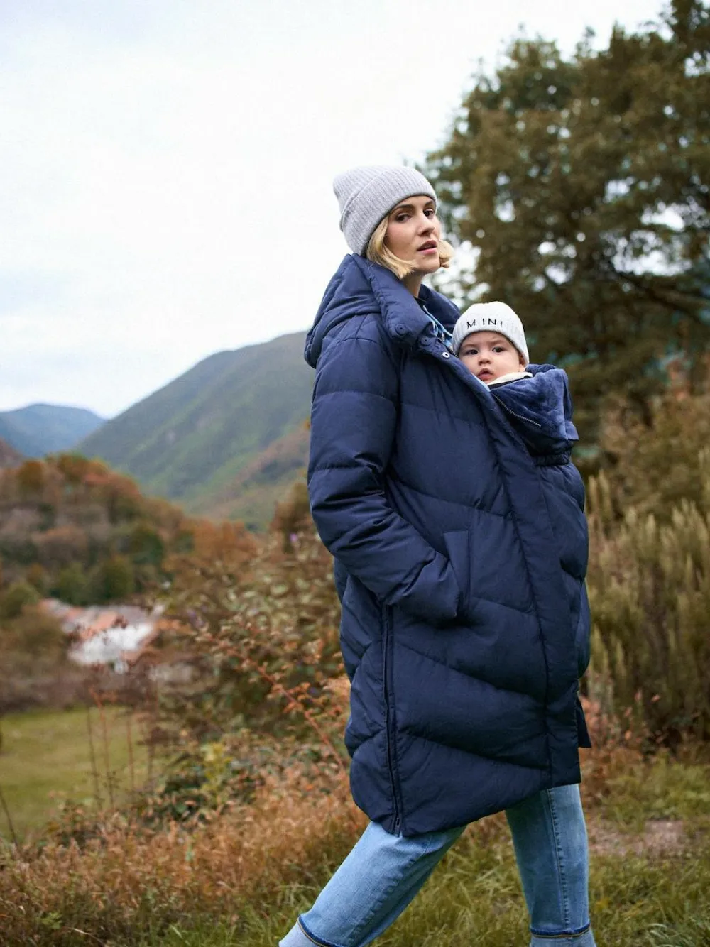 New Seraphine Long Chevron 3 in 1 Maternity & Babywearing Down-filled Coat Blue