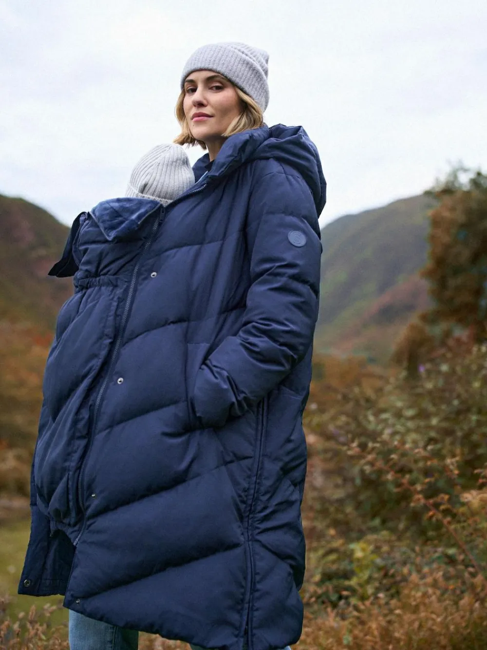 New Seraphine Long Chevron 3 in 1 Maternity & Babywearing Down-filled Coat Blue