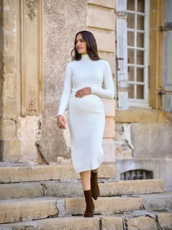 Seraphine Cream Maternity Premium Rib Knit and Nursing Dress^Women Midi Dresses|Knitwear