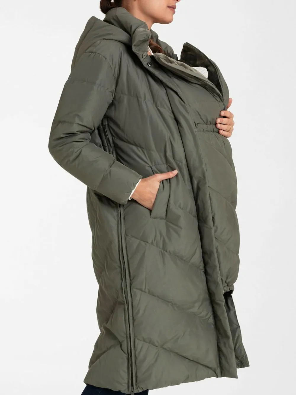 Clearance Seraphine 3-In-1 Long Chevron Puffer Maternity Coat Green