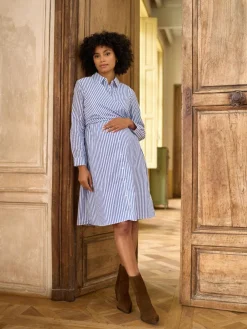Outlet Seraphine Mid Blue & White Stripe Maternity & Nursing Midi Wrap Shirt Dress