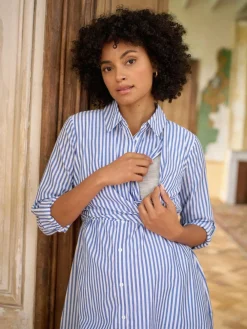 Outlet Seraphine Mid Blue & White Stripe Maternity & Nursing Midi Wrap Shirt Dress