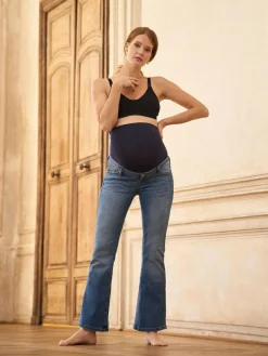 Clearance Seraphine Mid Blue Wash Premium Organic Maternity Overbump Flared Jeans