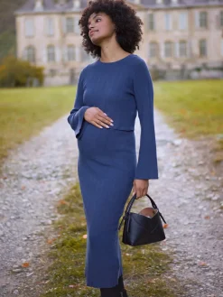 Seraphine Navy Blue Ribbed Knitted Maternity and Nursing Midi Dress^Women Dresses