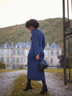 Seraphine Navy Blue Ribbed Knitted Maternity and Nursing Midi Dress^Women Dresses