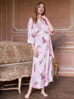 Hot Seraphine Pink Floral Print Maternity Satin Kimono