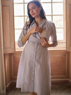 Sale Seraphine Taupe & White Stripe Maternity & Nursing Midi Wrap Shirt Dress