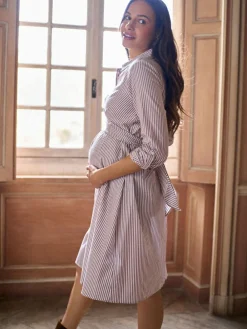 Sale Seraphine Taupe & White Stripe Maternity & Nursing Midi Wrap Shirt Dress
