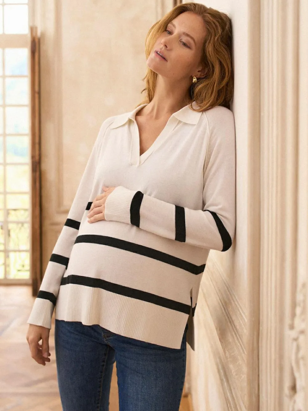 Seraphine White & Black Stripe Cosy Wool Blend Maternity Collared Jumper
