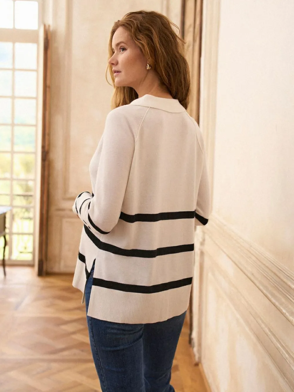 Seraphine White & Black Stripe Cosy Wool Blend Maternity Collared Jumper