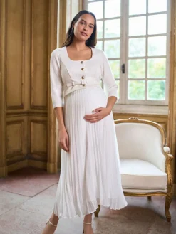 Sale Seraphine White Ivory Occasion Maternity & Nursing Bridal Dress With Tweed Bodice & Floaty Pleated Skirt