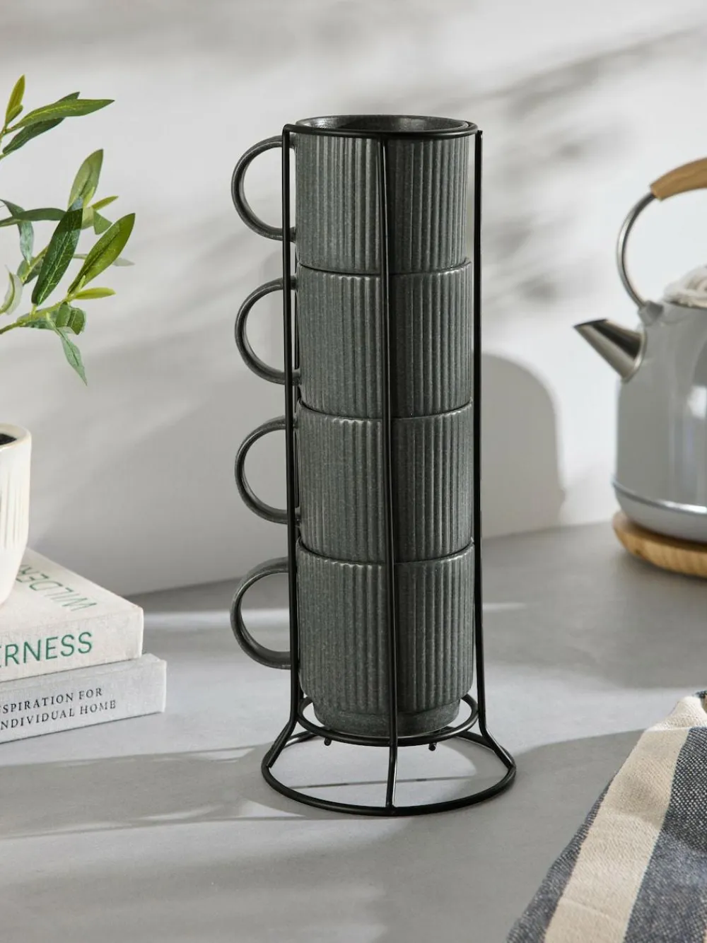 Clearance Next Set of 4 Charcoal Grey Stamford Stacking Mugs