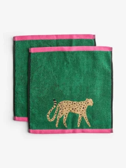 Sale Next Set of 2 Green Cheetah Print 100% Cotton Face Cloths