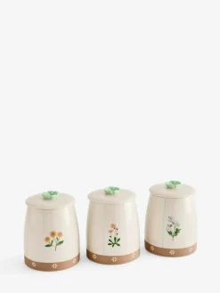Clearance Next Set of 3 Natural Floral Ceramic Storage Jars