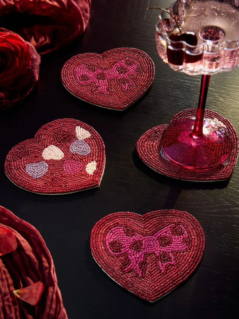 Next Set of 4 Pink Beaded Heart and Bow Coasters^ Table Linen, Placemats & Coasters