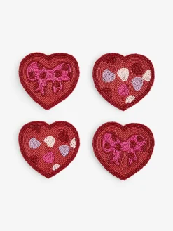 Next Set of 4 Pink Beaded Heart and Bow Coasters^ Table Linen, Placemats & Coasters