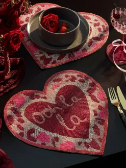 Sale Next Set of 2 Pink Beaded Heart Placemats