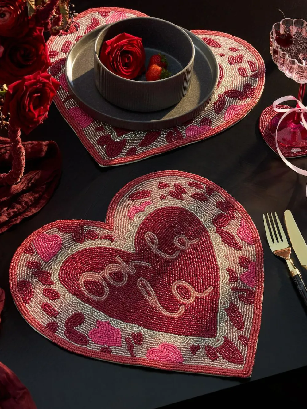 Sale Next Set of 2 Pink Beaded Heart Placemats