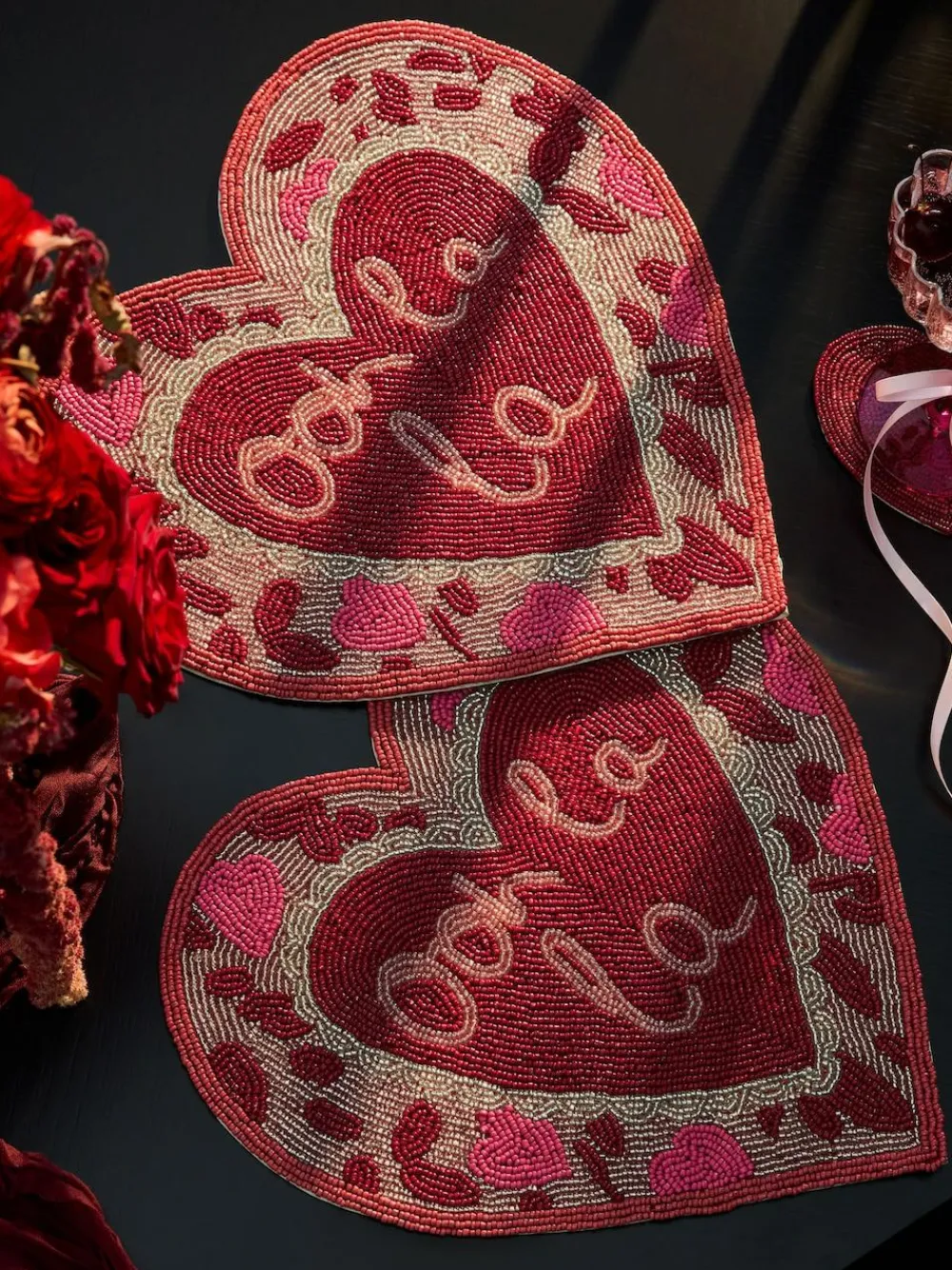 Sale Next Set of 2 Pink Beaded Heart Placemats