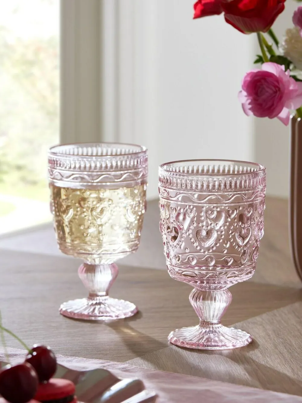 Next Set of 2 Pink Heart Pressed Wine Glasses^ Glassware