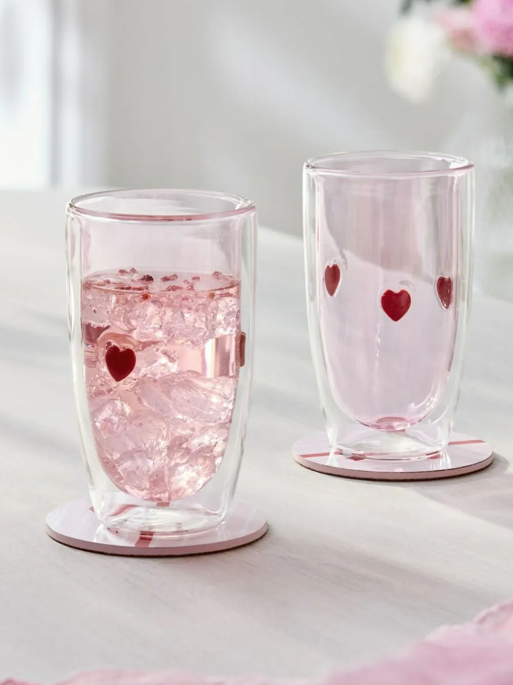 Hot Next Set of 2 Double Walled Tumbler Glasses Pink Hearts