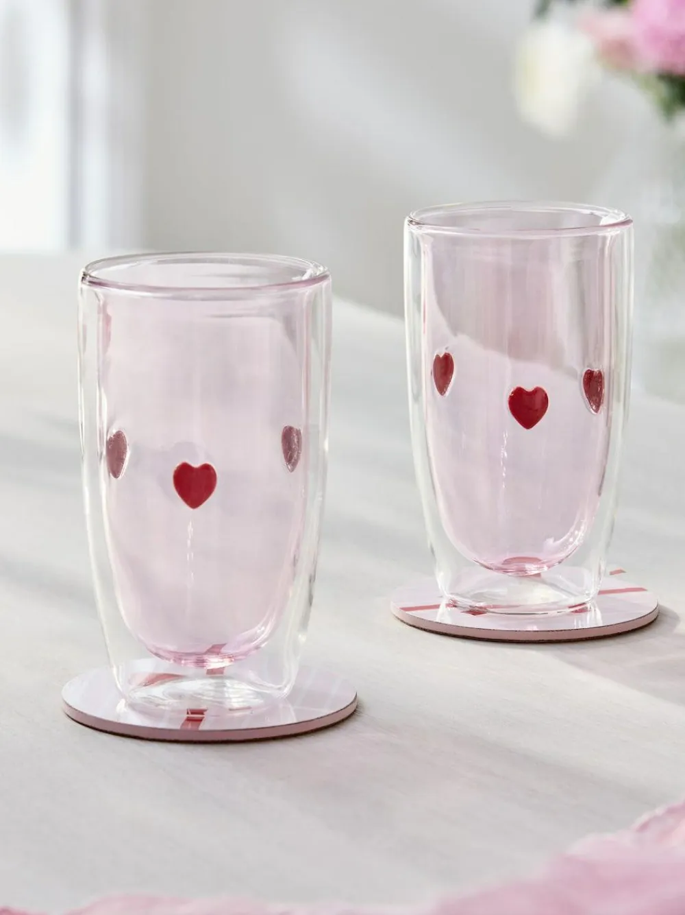 Hot Next Set of 2 Double Walled Tumbler Glasses Pink Hearts